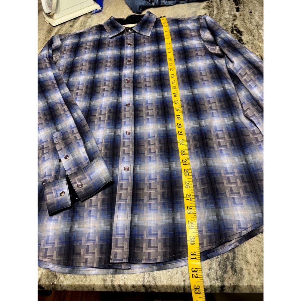 Age of Wisdom Shirt Mens XL Cotton Geometric Plaid Snap Button Blue Artsy Modern - Picture 4 of 9